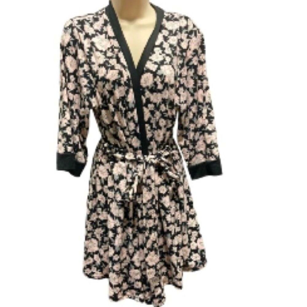 MARILYN MONROE Black with Pink Floral Cherry Blossom Robe with Tie Womens Large